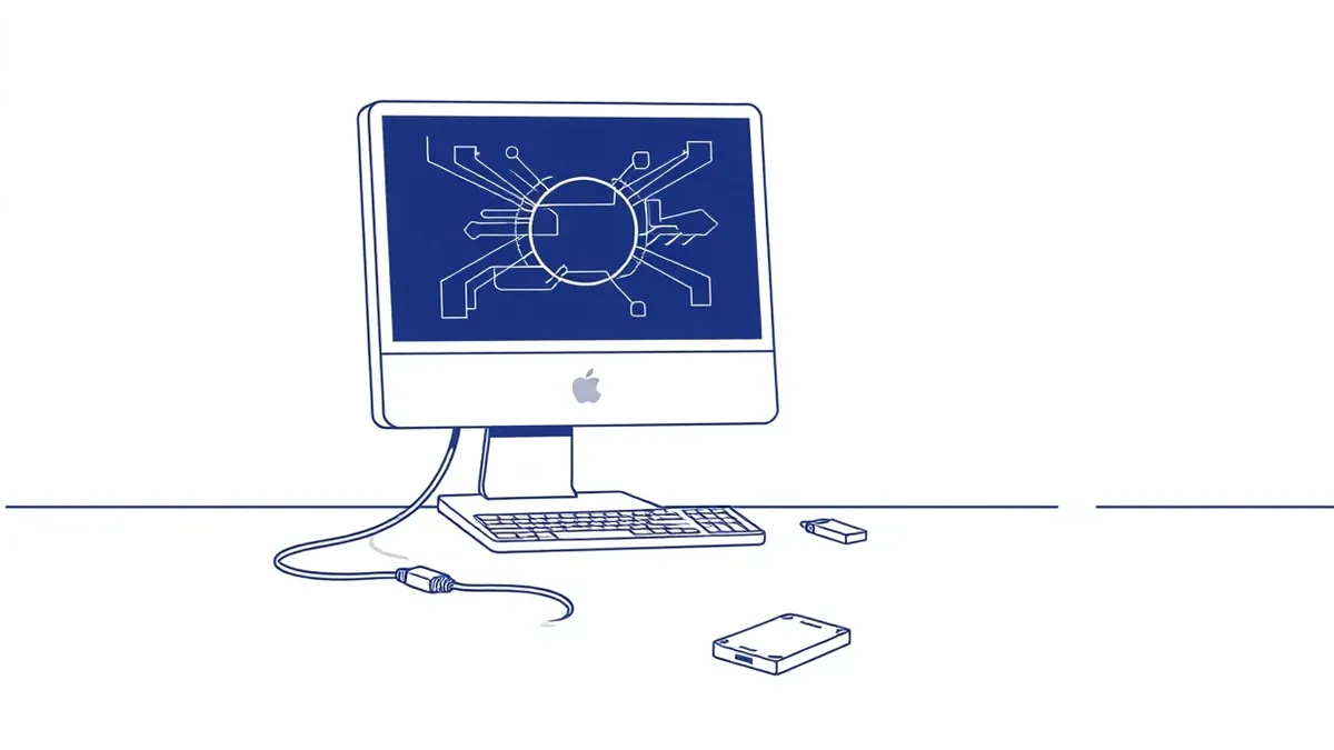 Illustration: A single desktop computer sits isolated on a plain desk with its ethernet cable unpliled and lying on the floor.