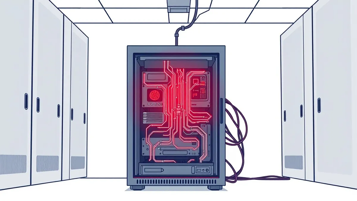 Illustration: A dark server room reveals a single compromised machine with its front panel open.