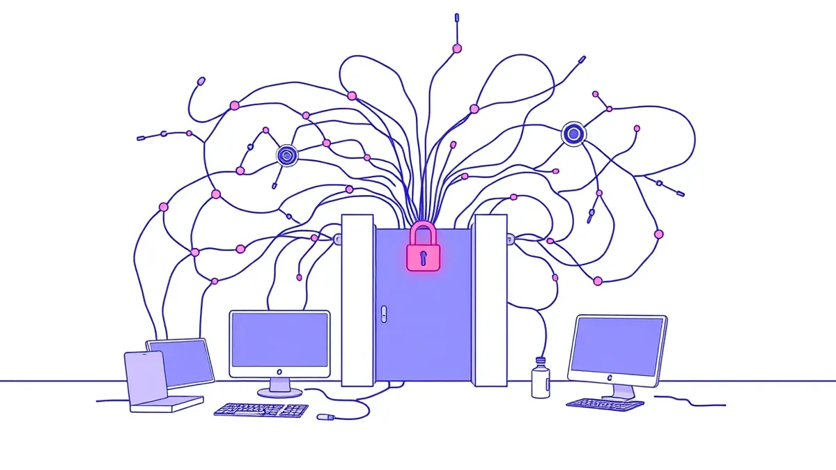 Illustration: A tangled web of glowing nodes connects to a central hub, but several loose threads bypass the main gate without any visible lock or barrier, allowing unrestricted ac