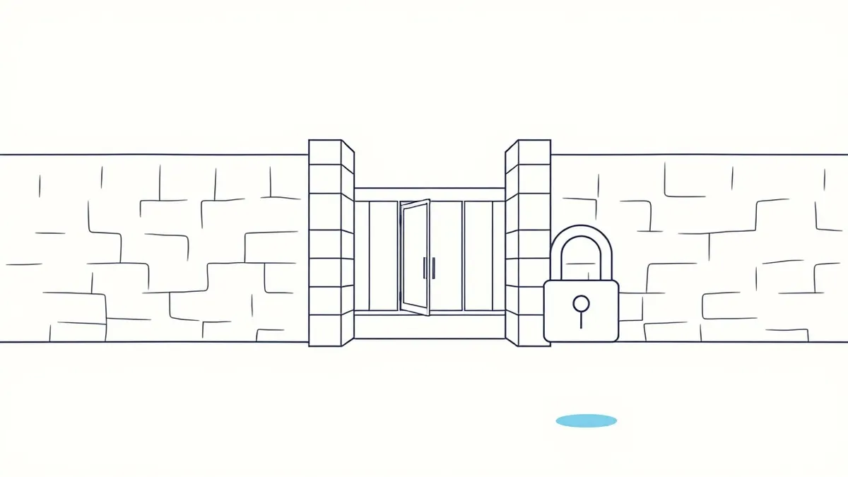 Illustration: A rigid stone wall with a single wide open gate stands behind a modern glass building.