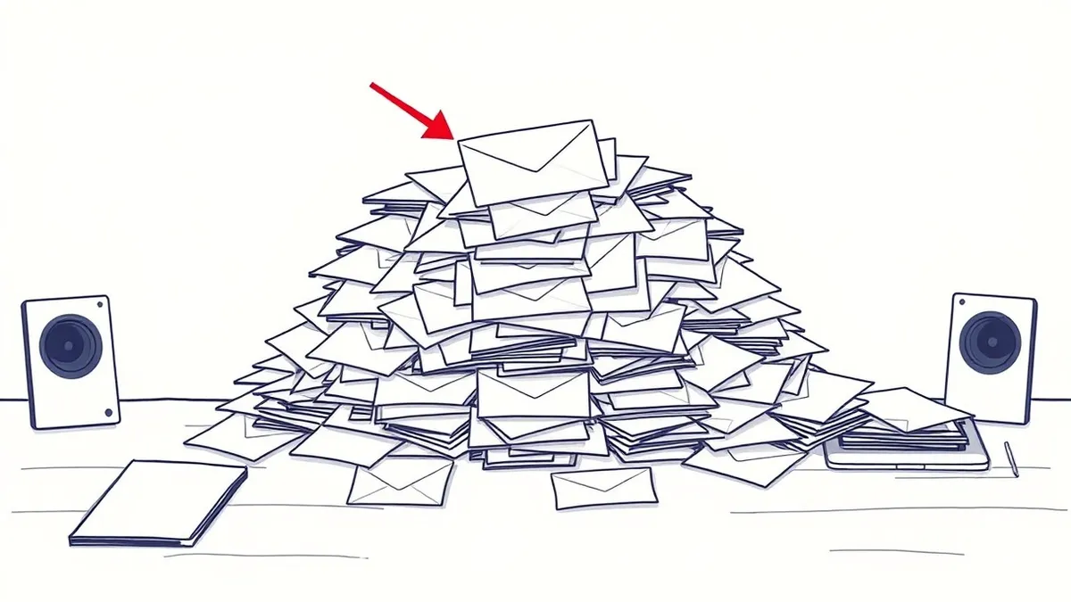 Illustration: A messy pile of identical white envelopes sits on a wooden desk.