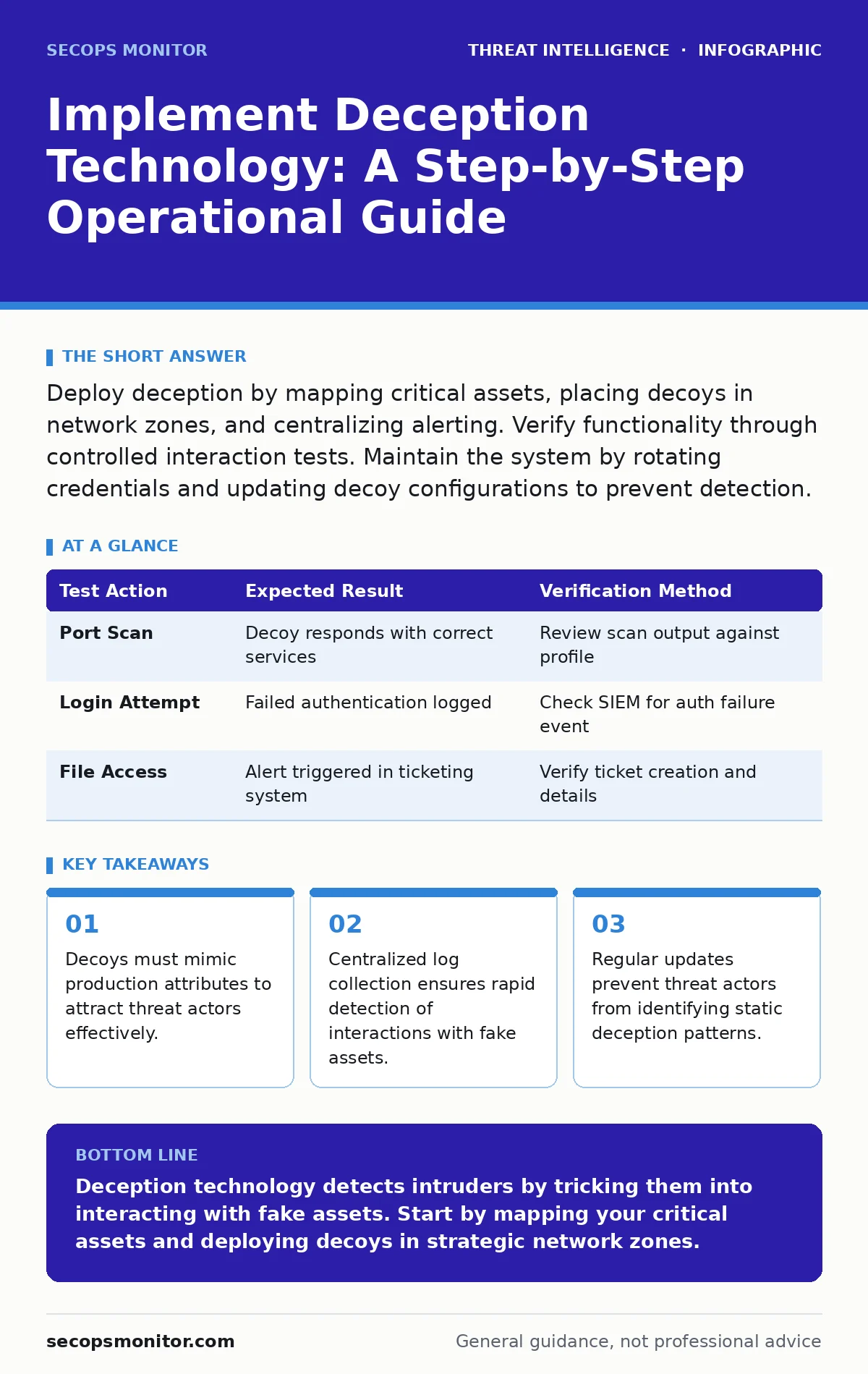 Infographic: Implement Deception Technology: A Step-by-Step Operational Guide. Decoys must mimic production attributes to attract threat actors effectively. Centralized log collection ensures rapid detection of interactions with fake assets. Regular updates prevent threat actors from identifying sta