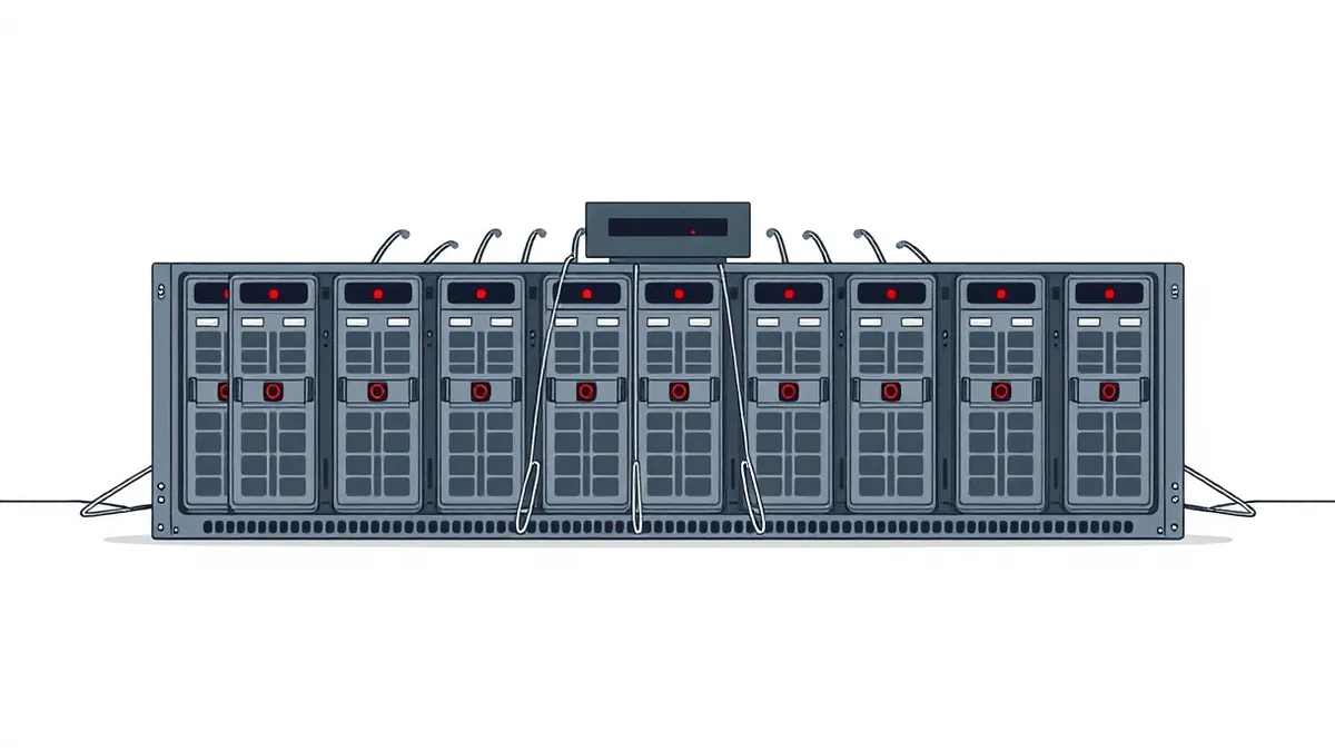 Illustration: A cluster of identical, inert server blades sits isolated on a metal rack.