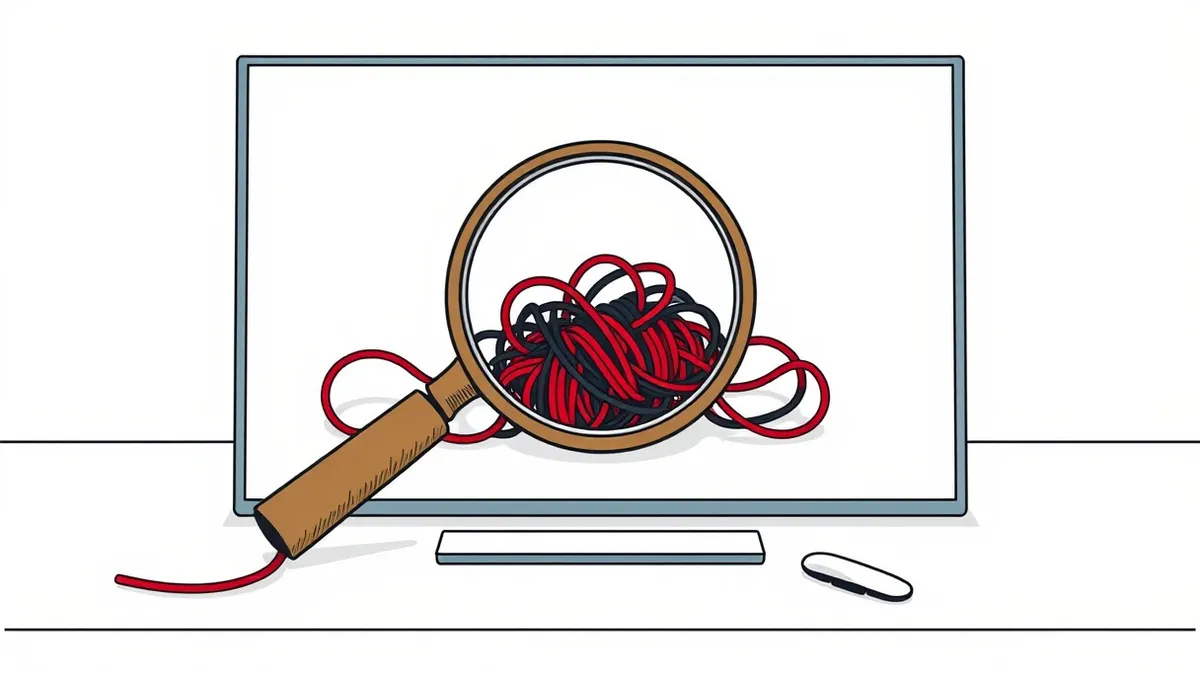 Illustration: A wooden detective’s magnifying glass hovers over a tangled knot of red and black threads on a white table.