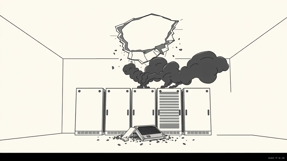 Illustration: A row of blank server racks sits in a dim room, with a large hole torn through the ceiling above them.