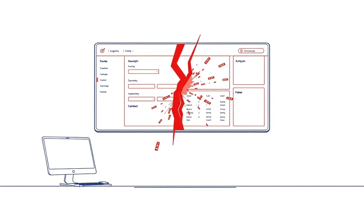 Illustration: A generic software dashboard interface floats in mid-air, displaying blank configuration panels and empty input fields.