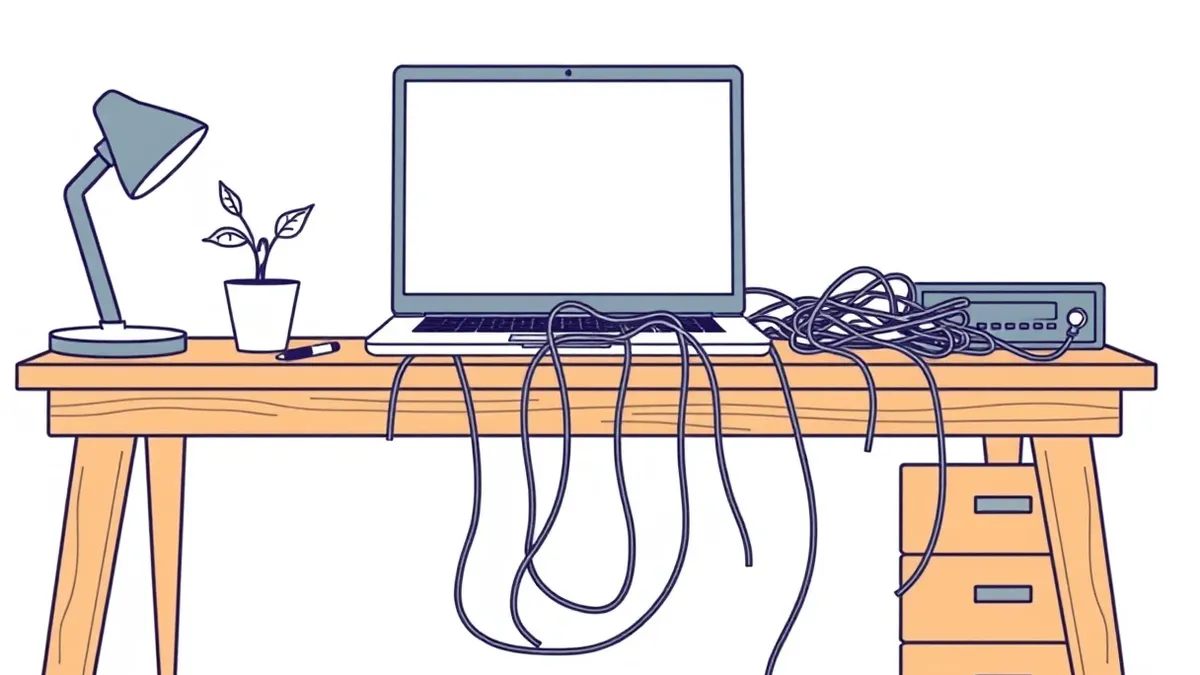 Illustration: A cluttered wooden desk holds a laptop with a blank screen and a tangled mess of cables.