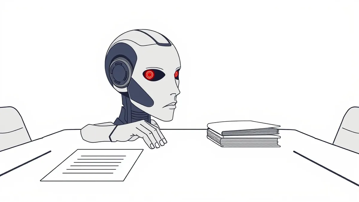 Illustration: A sleek silver robot head sits on a polished boardroom table beside a stack of blank contracts.