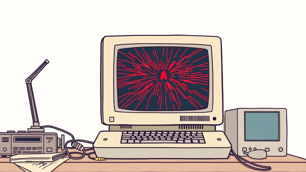 Illustration: A dusty, beige terminal sits on a cluttered desk, its screen displaying a chaotic tangle of jagged red lines overriding the normal interface.