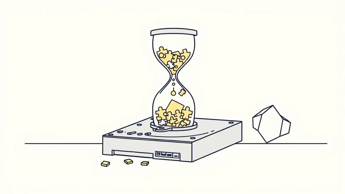 Illustration: A digital hourglass sits atop a cracked hard drive, its glass filled with scattered puzzle pieces representing fragmented data.