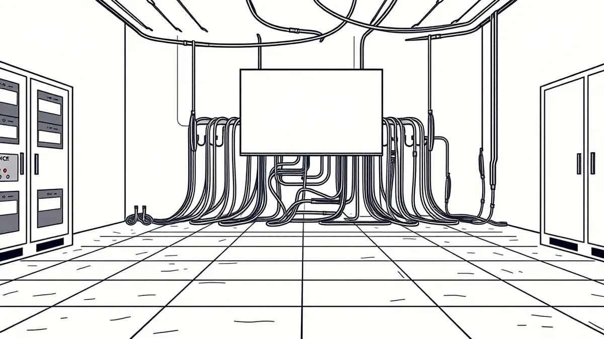 Illustration: A concrete data center floor with raised flooring tiles lifted to reveal exposed power cables and cooling pipes beneath.