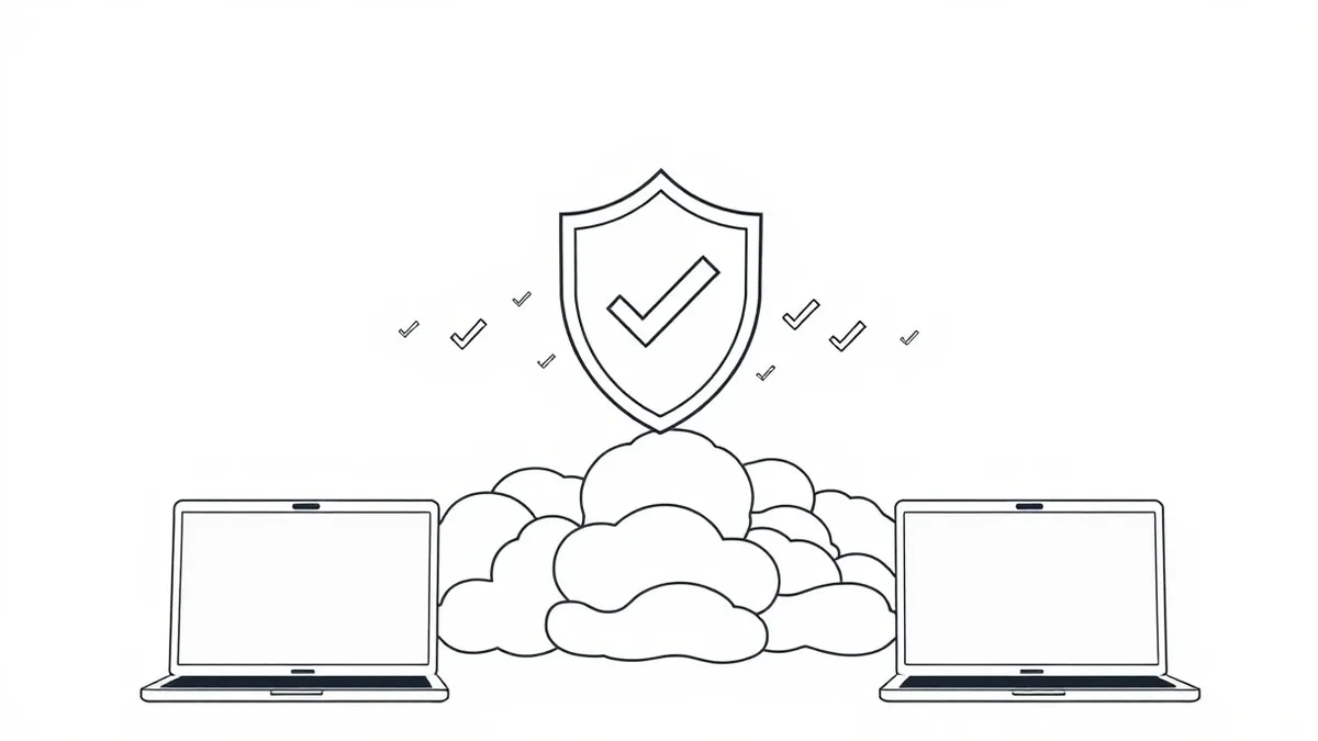 Illustration: A translucent shield hovers over a cluster of floating cloud shapes, with glowing checkmarks appearing and disappearing in rapid succession.