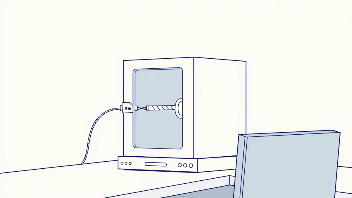 Illustration: A white server box sits on a desk while a small compressed file icon feeds a thick, chaotic rope into its side.