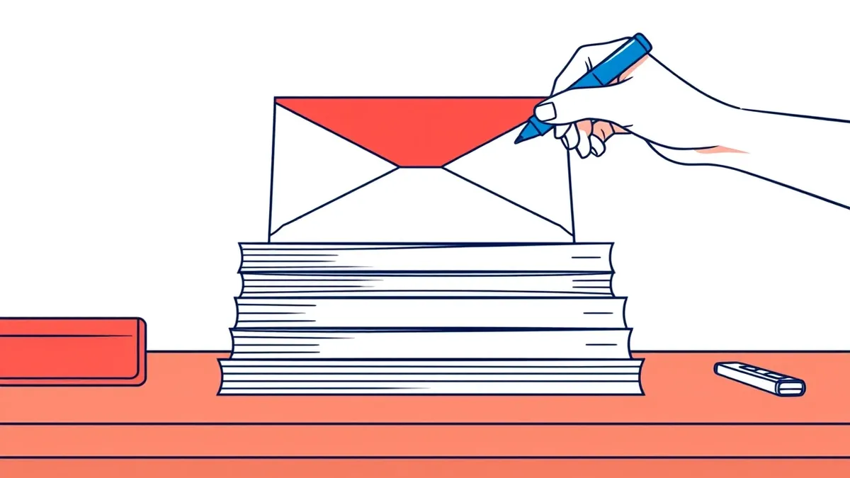 Illustration: A neat stack of blank white envelopes sits on a desk, with a single red envelope placed prominently on top.