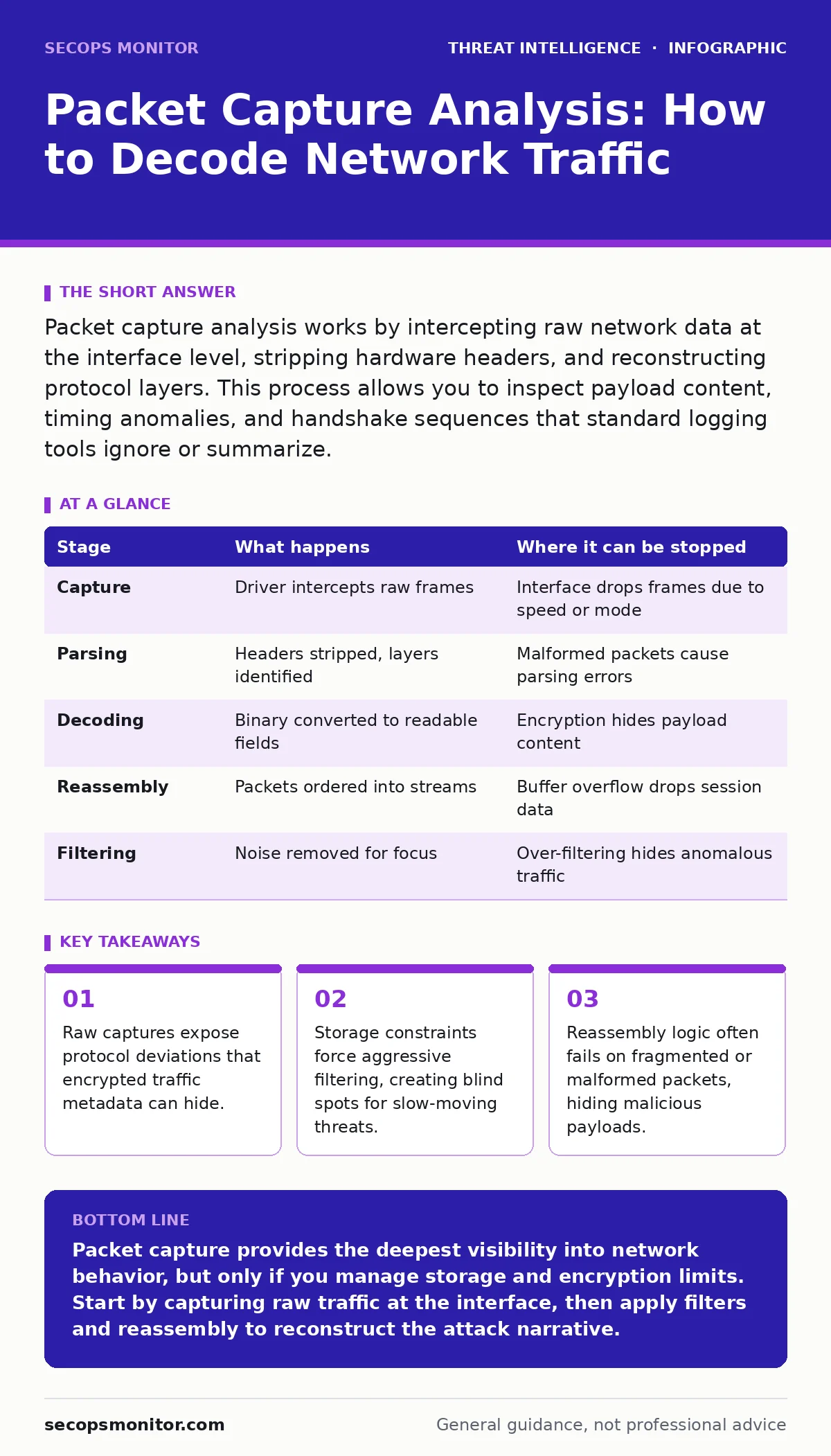 Infographic: Packet Capture Analysis: How to Decode Network Traffic. Raw captures expose protocol deviations that encrypted traffic metadata can hide. Storage constraints force aggressive filtering, creating blind spots for slow-moving threats. Reassembly logic often fails on fragmented or malformed