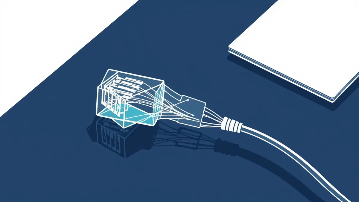 Illustration: A transparent glass network cable lies on a dark desk, its internal wires unraveling into intricate geometric patterns of light and shadow.