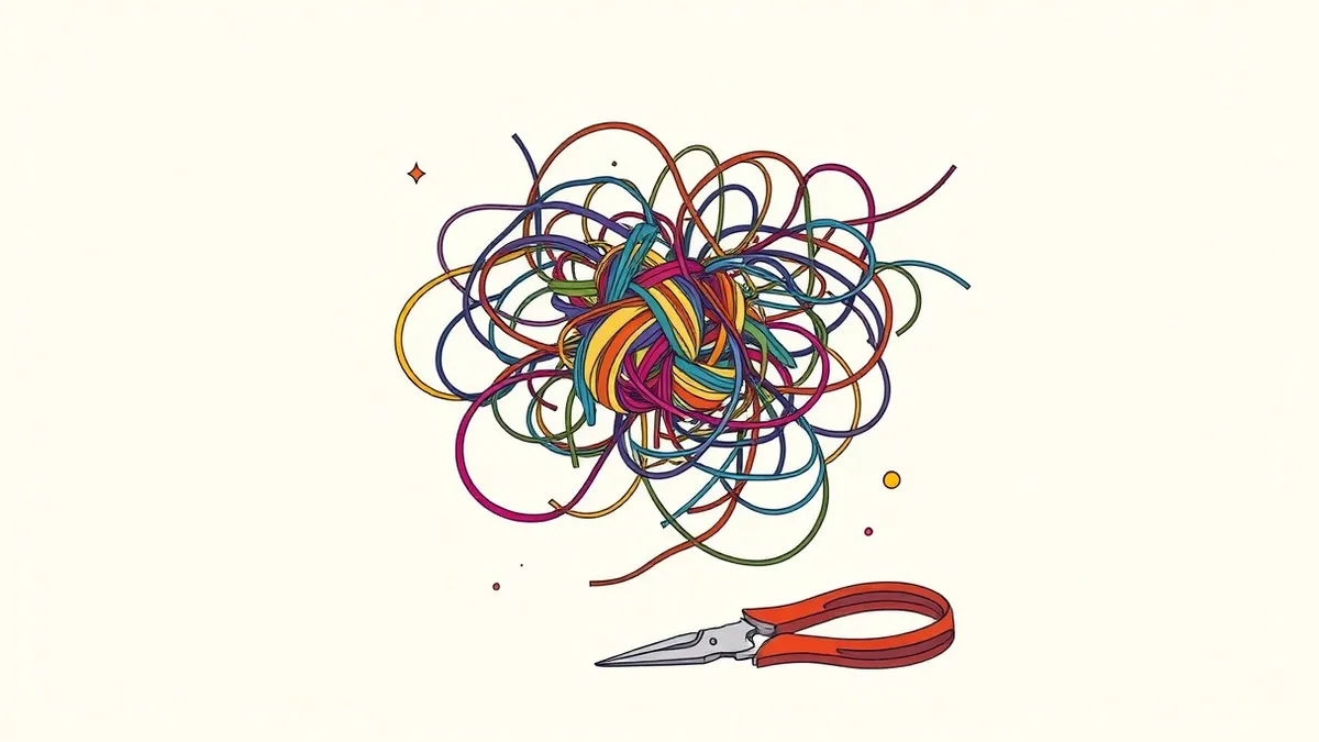 Illustration: A tangled web of colorful threads connects to a central hub.