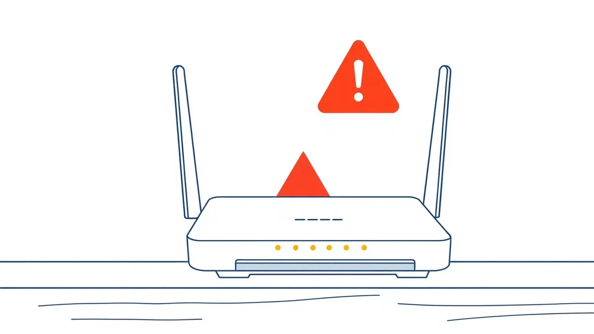 Illustration: A white home router sits on a wooden desk with its antenna angled upward.