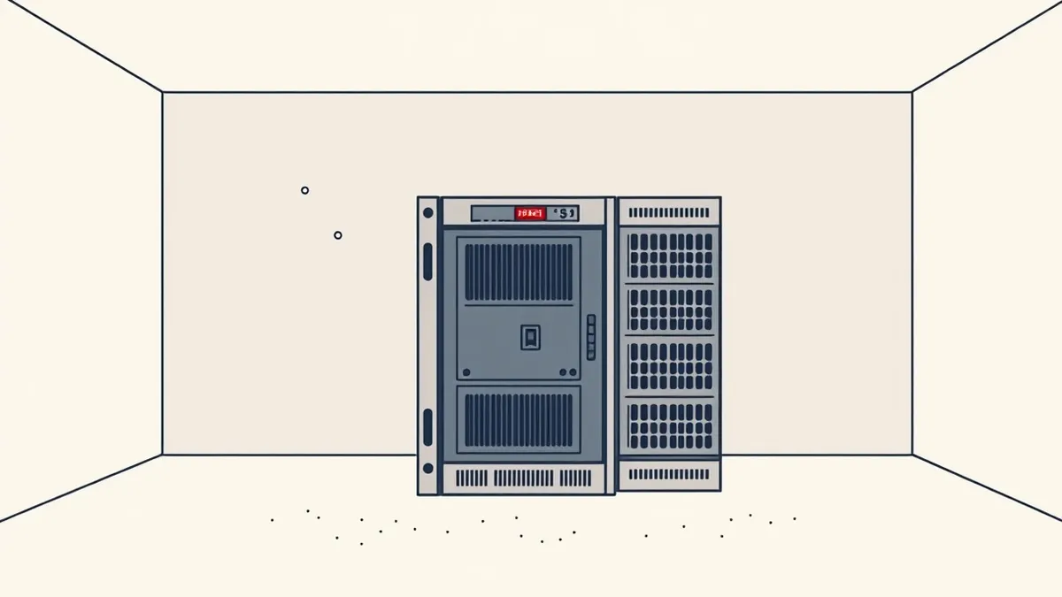 Illustration: A weathered server rack sits in a dim utility room with one blinking light panel.