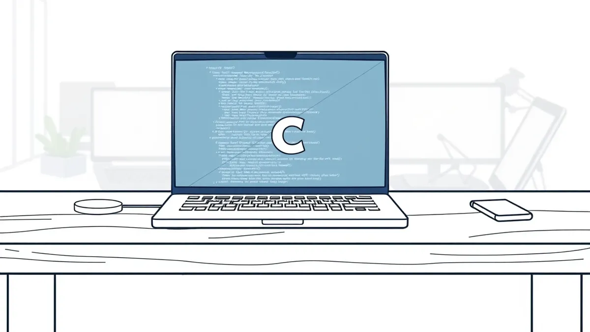Illustration: A sleek wooden desk holds an open laptop with its screen displaying abstract code blocks.