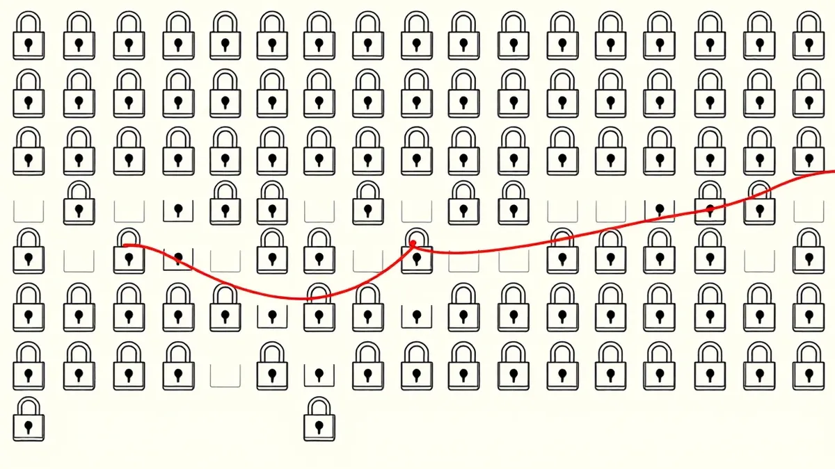 Illustration: A single, thin red thread loops through the keyholes of a vast wall of identical blank locks.