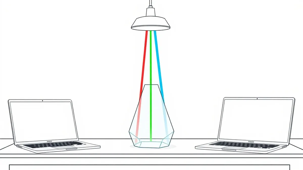 Illustration: A transparent glass prism sits on a clean white desk, catching light from a single overhead lamp.