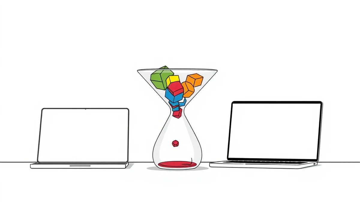 Illustration: A transparent glass funnel rests on a clean white surface, merging two distinct streams of colorful geometric shapes into a single unified flow.
