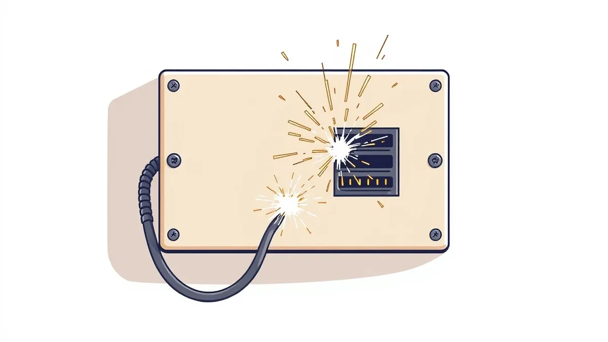 Illustration: A close-up of a beige access control panel mounted on a concrete wall, with two twisted copper wires connected to its RS-485 terminal block.