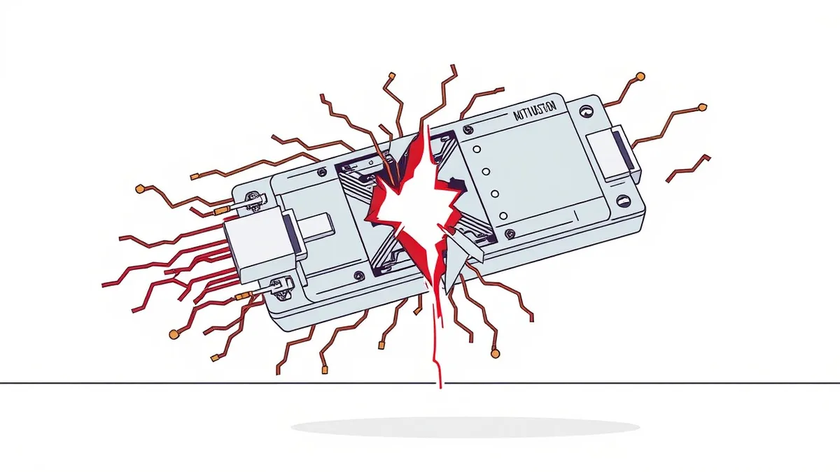 Illustration: A sleek, metallic debugger plugin module floats in mid-air, its internal circuitry exposed to reveal a jagged, glowing crack pulsing with red light.