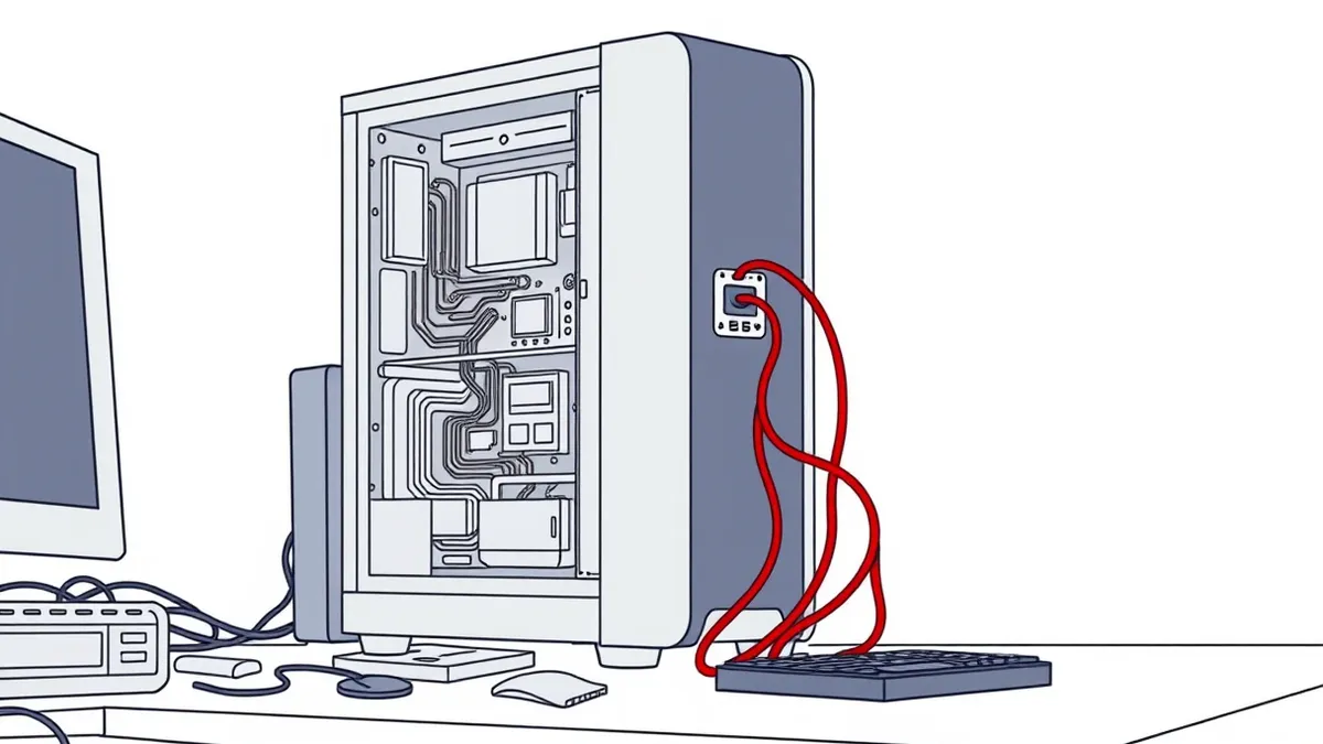 Illustration: A sleek silver server tower sits on a cluttered desk, its side panel removed to expose intricate circuit boards.