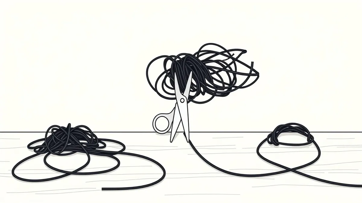 Illustration: A tangled knot of thin black wires sits on a plain wooden table.