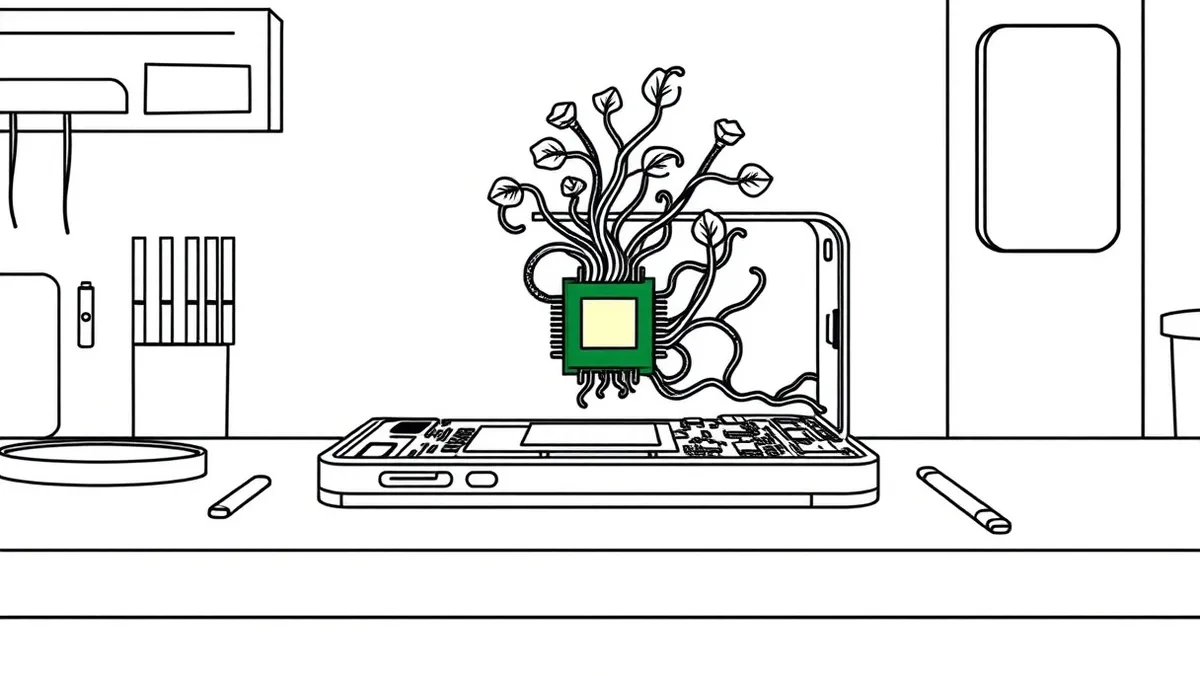 Illustration: A transparent smartphone chassis sits open on a clean workbench, revealing the internal circuitry and a small green processor chip.