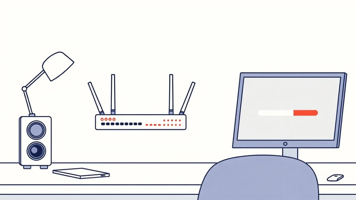 Illustration: A single network router sits on a clean desk, its status lights blinking red to signal a critical alert.
