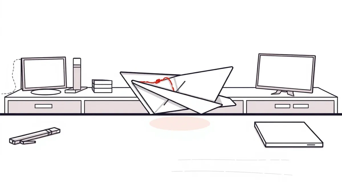 Illustration: A sleek silver paper airplane rests on a polished wooden desk, its wings folded sharply to hold a crisp white envelope.