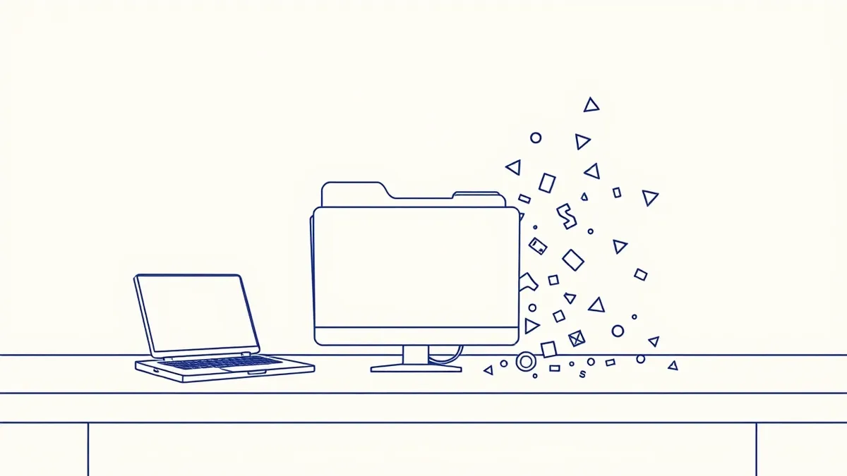 Illustration: A stylized software folder sits on a clean desk surface, its contents spilling outward in a chaotic trail of abstract geometric shapes that drift off the edge of the 