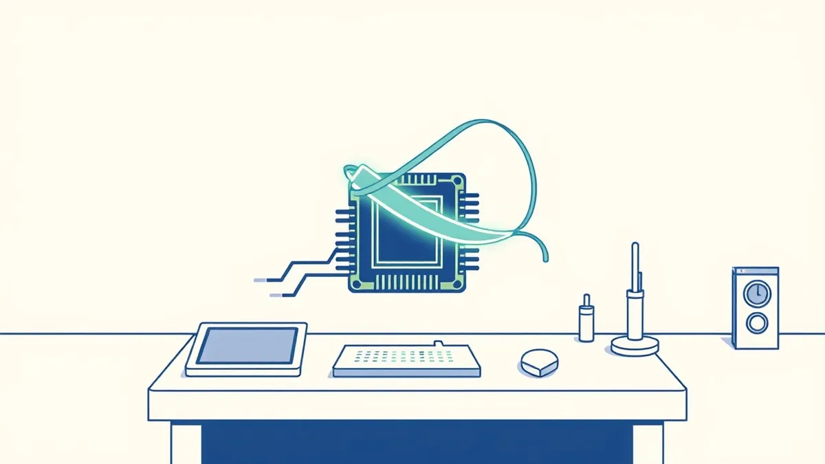 Illustration: A glowing microchip sits on a workbench.