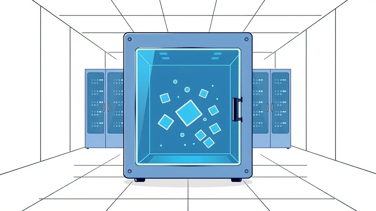 Illustration: A transparent glass vault sits inside a glowing server room.