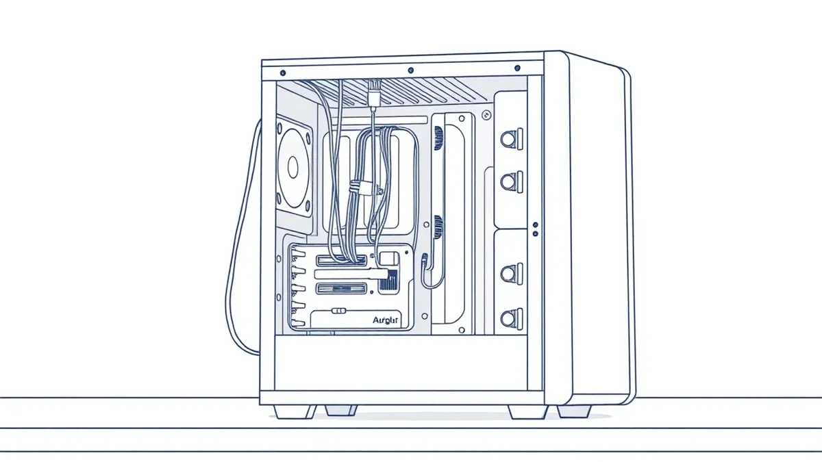 Illustration: A pristine white computer tower sits on a clean desk, its side panel removed to reveal the internal circuitry.