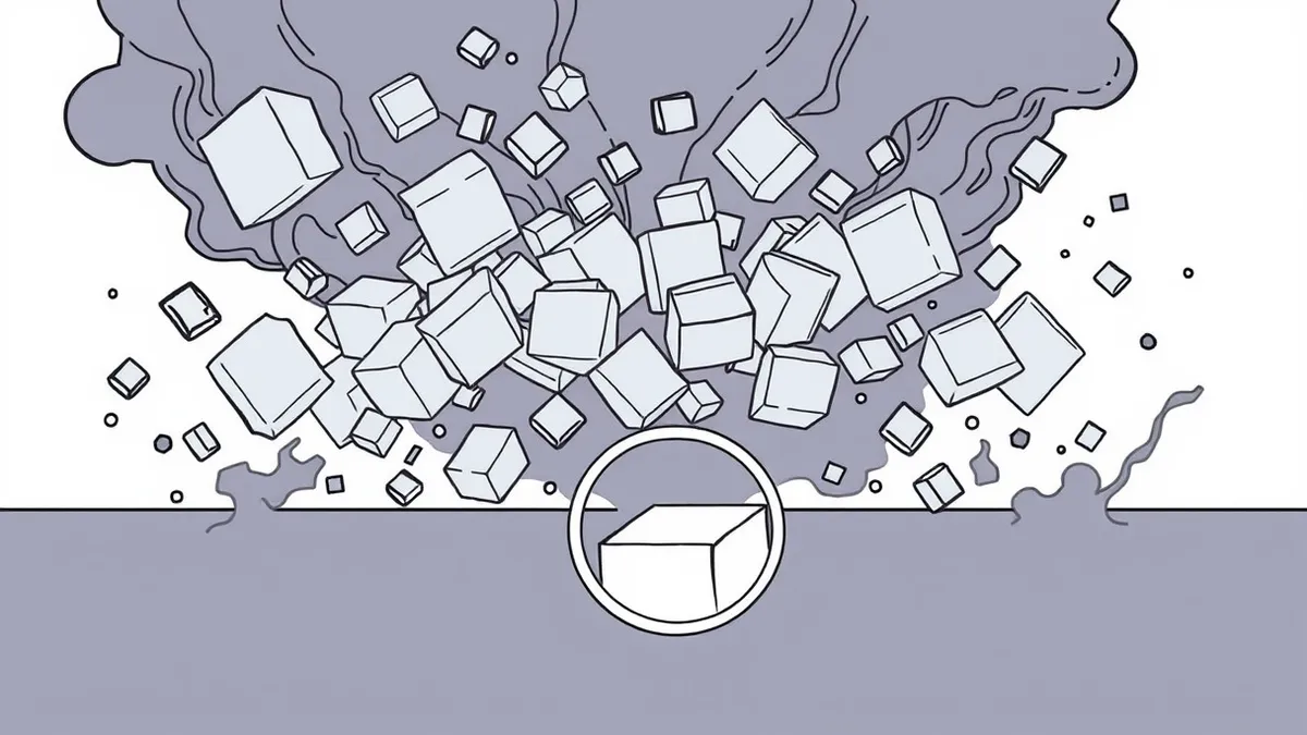 Illustration: A chaotic tangle of translucent, shifting geometric blocks floats above a dark surface.