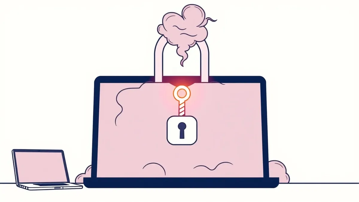 Illustration: A solitary glowing key floats momentarily above a blank digital lock before dissolving into smoke.
