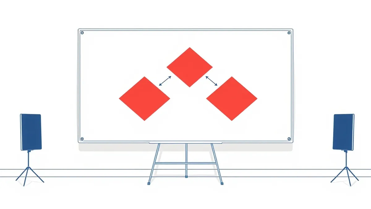 Illustration: A whiteboard covered in abstract red and blue geometric shapes connected by thin black lines.