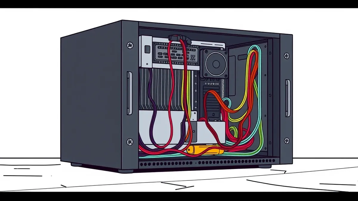 Illustration: A sleek black server box sits on a concrete floor with its metal side panel removed, exposing a tangle of colorful ribbon cables and circuit boards.