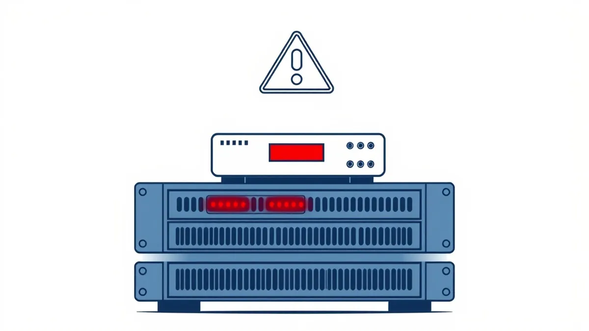Illustration: A generic network firewall appliance sits on a server rack with its status lights blinking red.