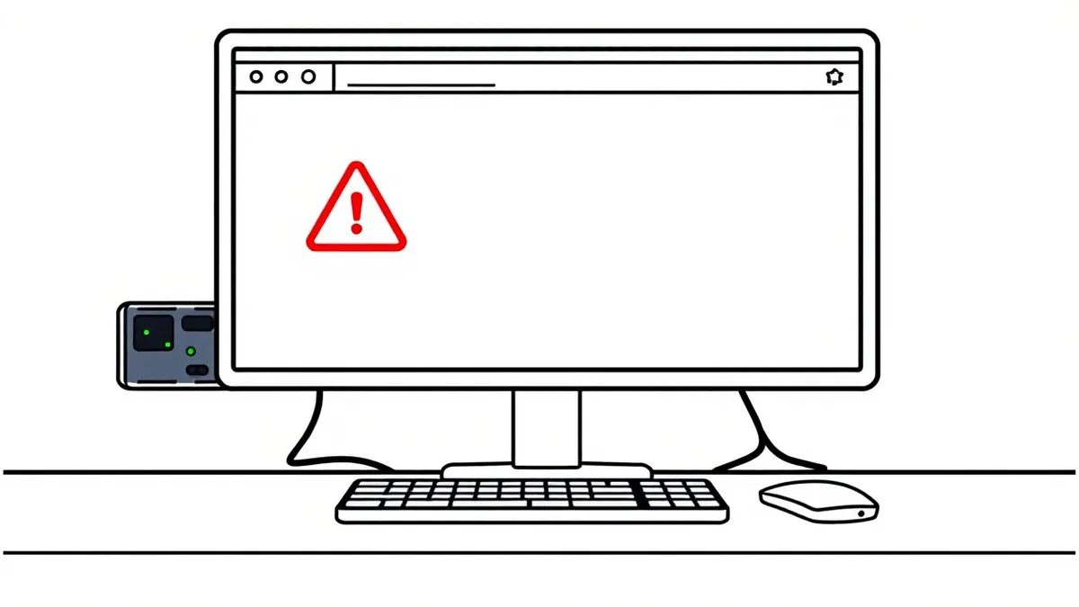 Illustration: A generic desktop computer sits on a clean desk with its monitor displaying a blank browser window and a large red warning triangle icon.