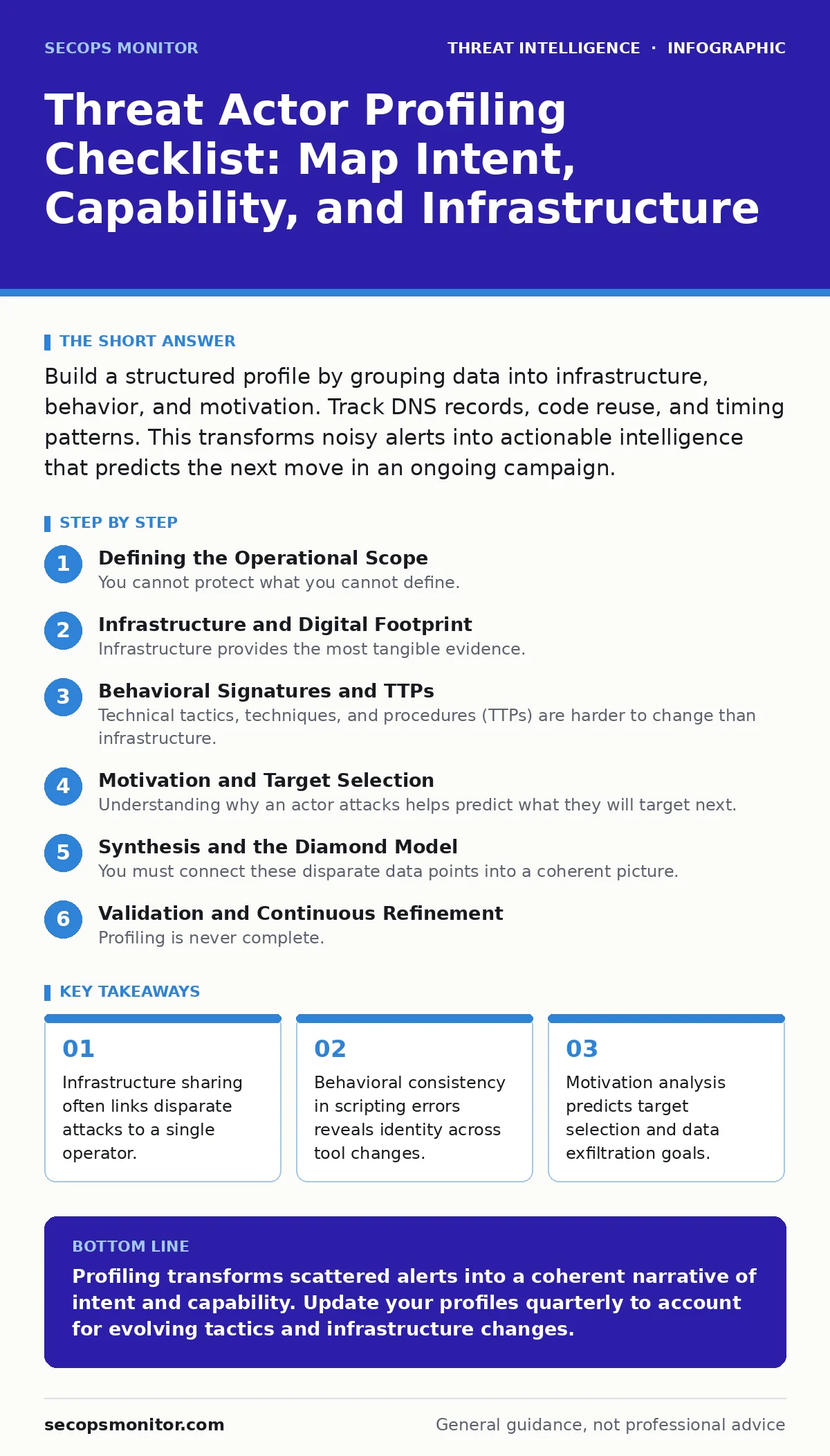 Infographic: Threat Actor Profiling Checklist: Map Intent, Capability, and Infrastructure. Infrastructure sharing often links disparate attacks to a single operator. Behavioral consistency in scripting errors reveals identity across tool changes. Motivation analysis predicts target selection and dat