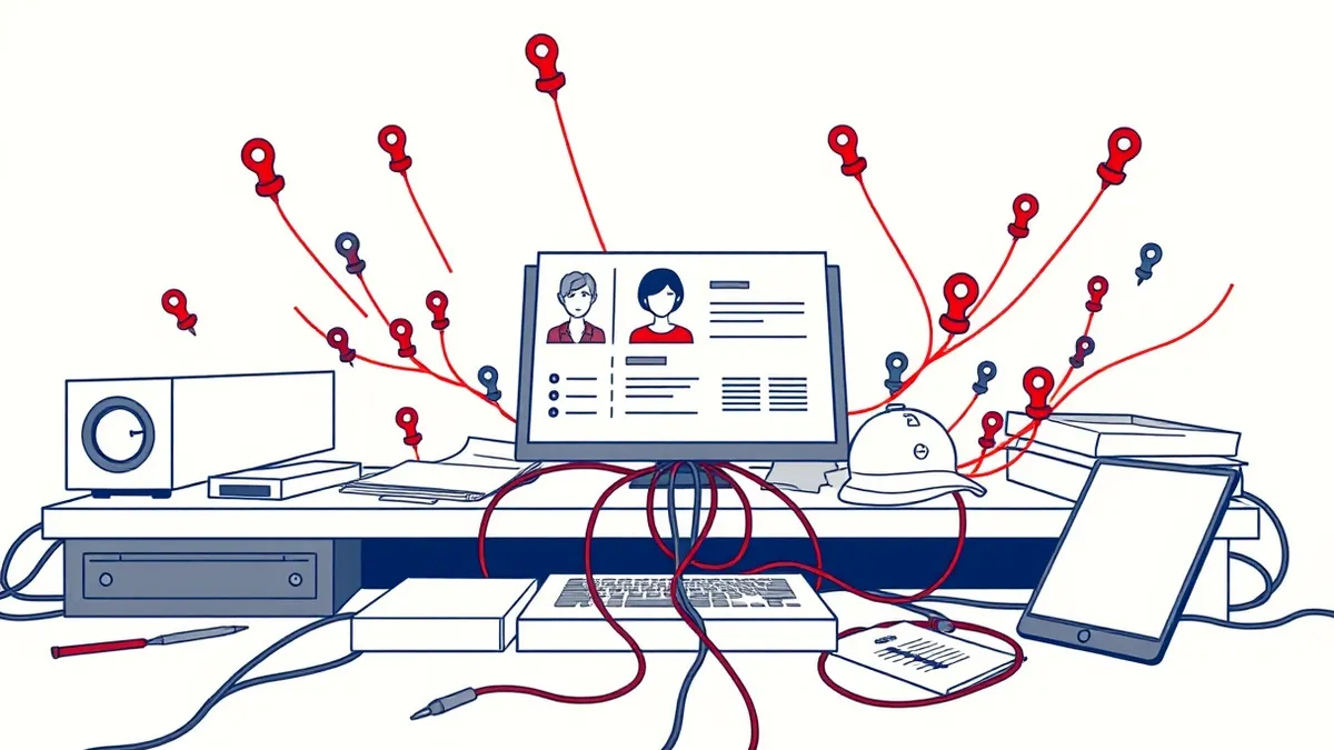 Illustration: A detailed profile card sits on a cluttered desk, surrounded by scattered map pins and tangled network cables.