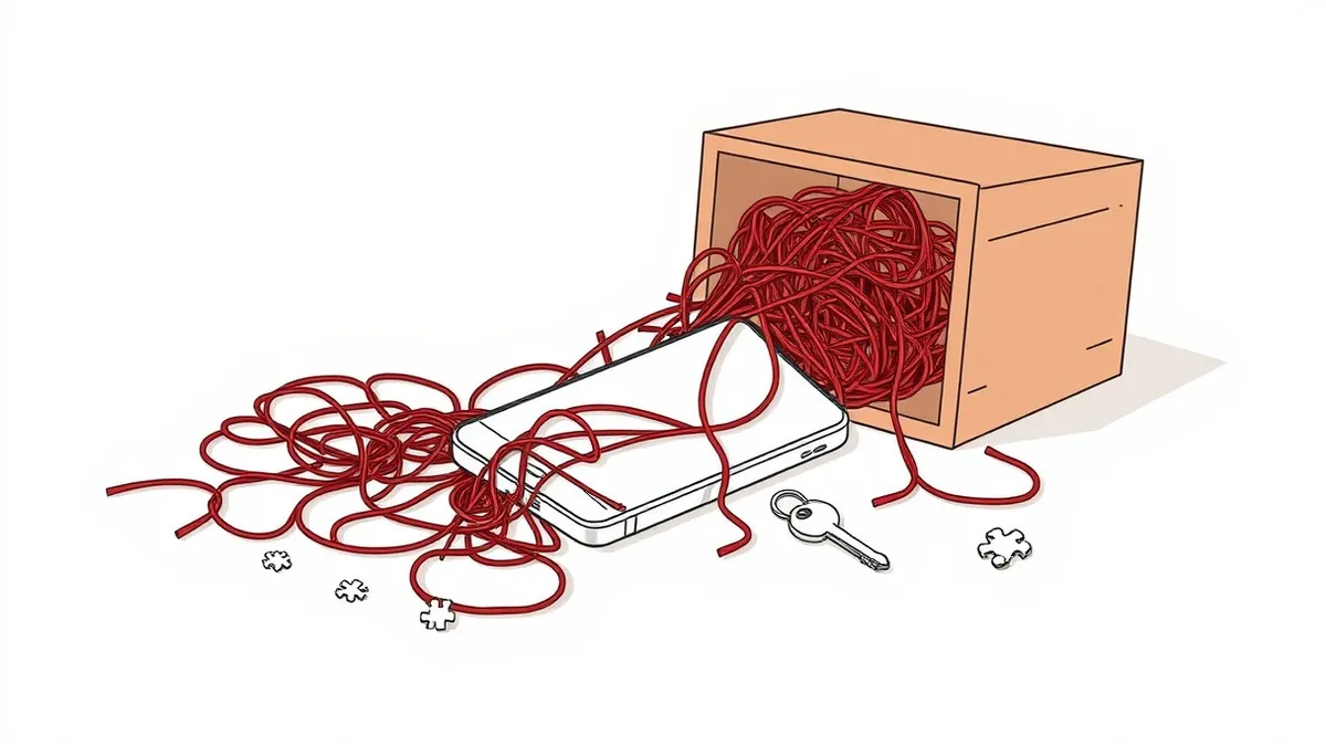 Illustration: An open wooden box spills tangled red strings and scattered puzzle pieces onto a clean white desk.