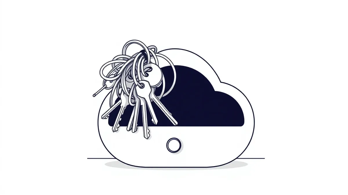 Illustration: A tangled knot of metallic keys sits loosely atop a sleek, white cloud-shaped storage container.