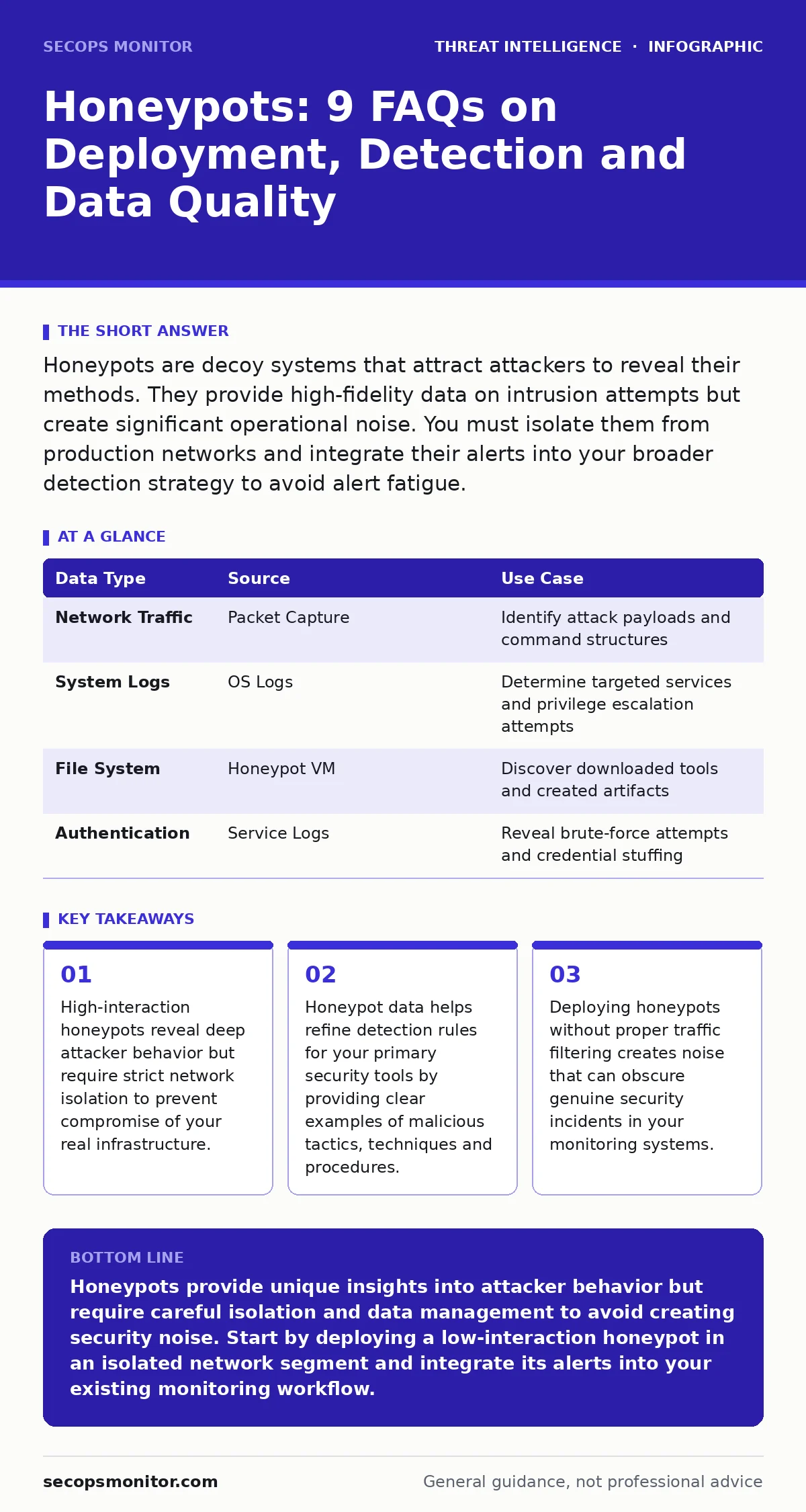 Infographic: Honeypots: 9 FAQs on Deployment, Detection and Data Quality. High-interaction honeypots reveal deep attacker behavior but require strict network isolation to prevent compromise of your real infrastructure. Honeypot data helps refine detection rules for your primary security tools by pro