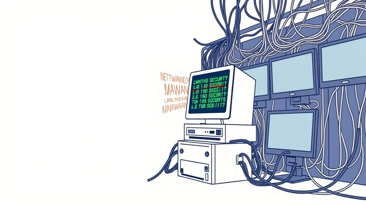 Illustration: An isolated network segment contains a single generic computer terminal surrounded by thick, tangled cables.
